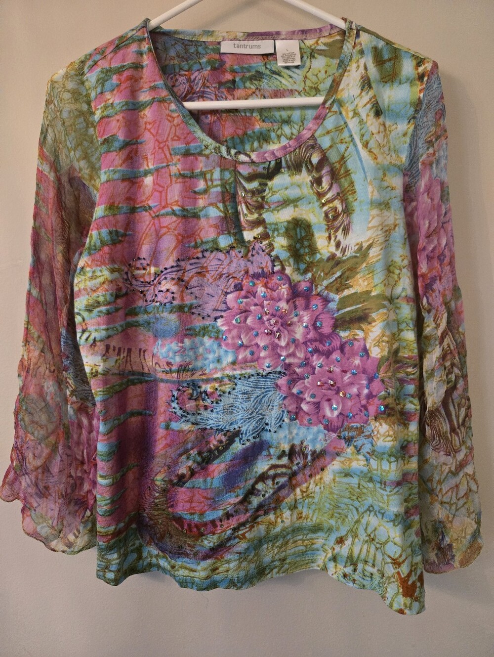 Vintage Tantrums Y2K McBling Rhinestone Sheer Sleeve [Large] Abstract Floral